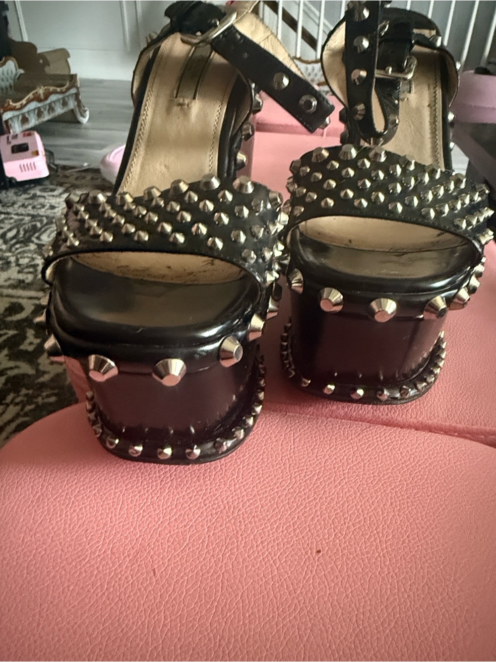 PRADA BLACK SPAZZOLATO STUDDED PLATFORM SANDAL